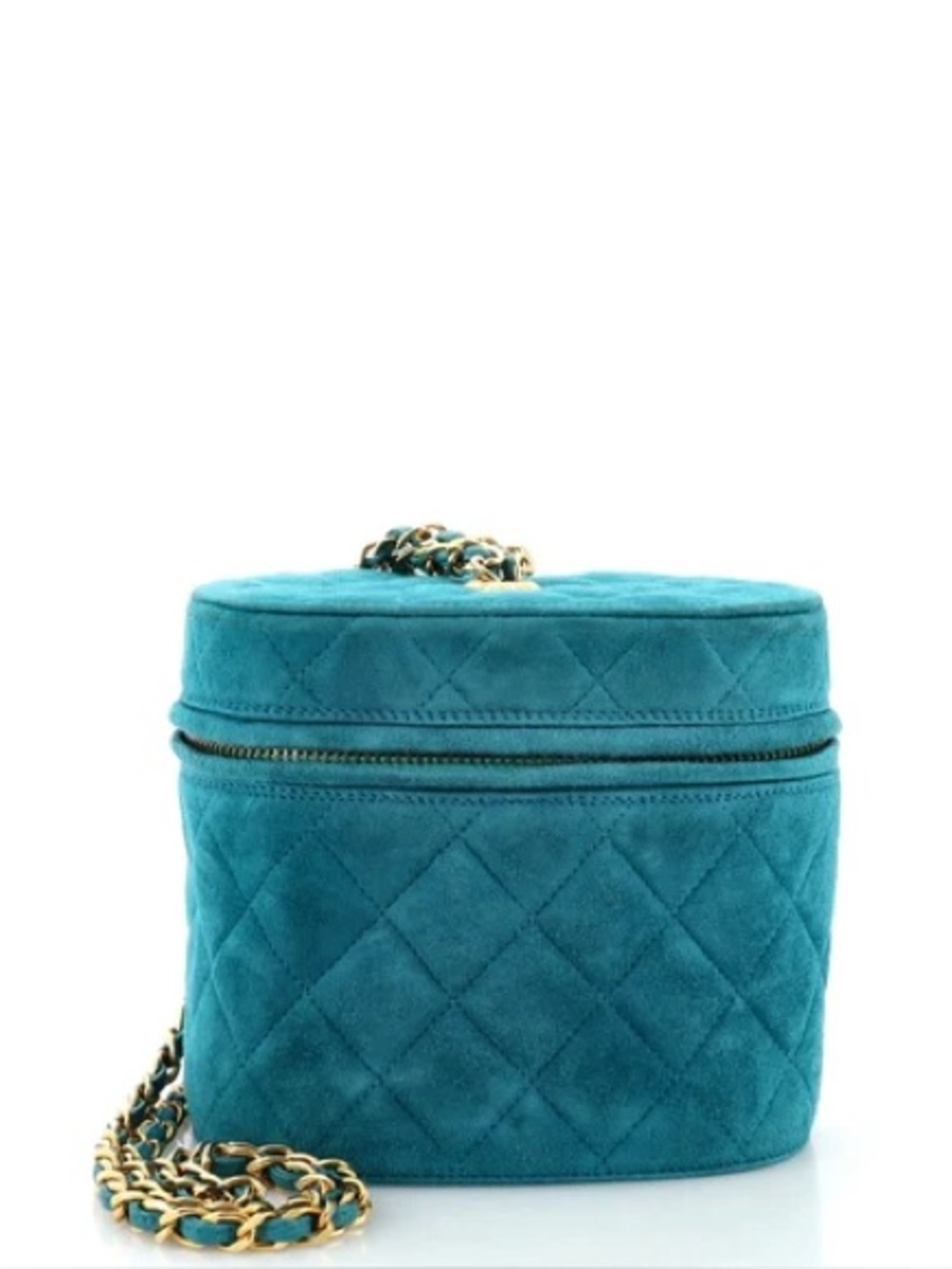 CHANEL Teal Quilted Suede Crossbody Vanity Bag with Gold Chain